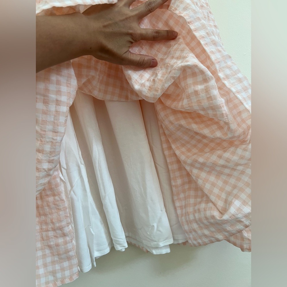 Mable Womens Midi Dress Small Blush Smocked Ruffle Seersucker Plaid Check Boho‎ - Picture 13 of 16